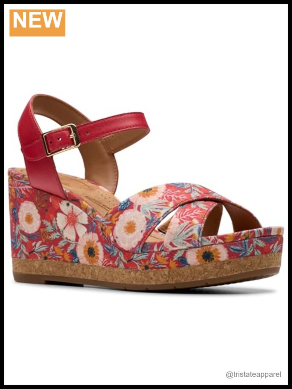Floral Print Textile Leather Wedge Sandals Ankle Strap Buckle